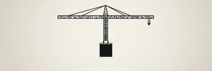 Fototapete - Minimalist construction logo featuring a silhouette of a tower crane lifting a block in modern line art style on a monochrome background