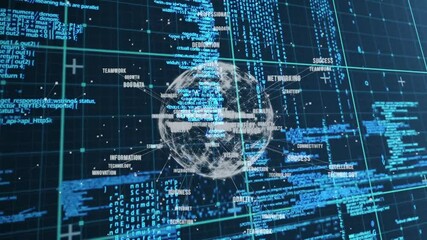 Poster - Animation of digital globe with blue data streams and technology words floating