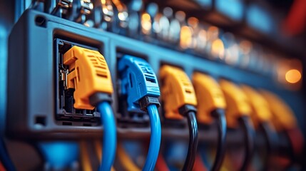Poster - Network cables connecting in server room, data center background