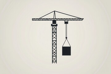 Fototapete - Minimalist construction logo featuring a tower crane lifting a block in modern line art style with a monochrome background