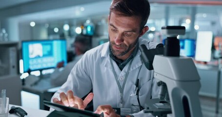 Aufkleber - Science, smile and tablet with man in laboratory for development of cure, medicine or treatment. Biotechnology, innovation and microscope with happy scientist in clinical trial for medical research