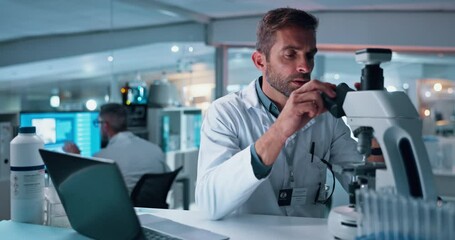Aufkleber - Laptop, microscope and science with man in laboratory for development of cure, medicine or treatment. Biotechnology, computer and innovation with scientist in clinical trial for breakthrough