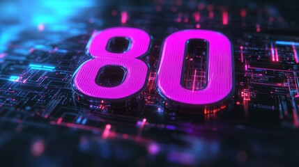 Poster - Glowing Purple Number 80 on Abstract Circuit Board Background, Futuristic Technology Concept.