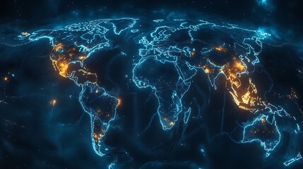 Glowing World Map Highlighting Global Connectivity, A glowing world map highlighting major cities with bright lights
