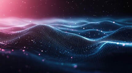 Fototapete - Abstract Digital Waveform, Neon Blue and Pink Particle Field