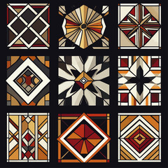 Poster - Geometric Art Deco Patterns in Earth Tones on Black Background