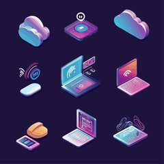 Poster - Isometric Technology Icons Set, Cloud Computing, Wireless, Laptop, Smartphone