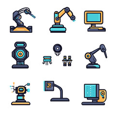 Poster - Robotics, technology, icons, arm, control, interface, industry, automation.