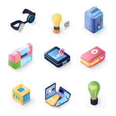 Poster - Isometric Technology Icons: Headphones, Lightbulb, Smartphone, and More