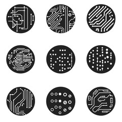 Poster - Circuit board design elements in black and white on round background.