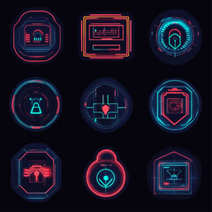 Poster - Futuristic Tech Icons Neon Glow, Digital Interface, Cyber Security, UI Design