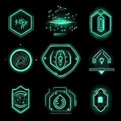 Poster - Futuristic Tech Icons Set, Digital Interface Elements, Glowing Symbols