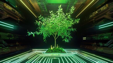 Poster - A neon-lit circuit board with a glowing green tree sprouting from its intricate lines.