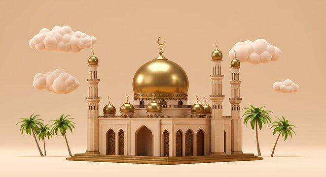 an exquisite mosque building model decorated with glossy brass dome, for Ramadan Mubarak, clouds, palm trees, in light peach color background, copy space text area on right side, 3D illustration.