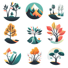 Poster - Colorful abstract tree illustrations, nature concept, graphic design elements.