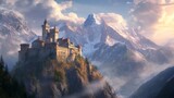 A majestic castle perches on a rocky mountain peak, illuminated by a warm sunrise. Snow-capped mountains form a breathtaking backdrop, and mist swirls gently around the scene, creating an enchanting