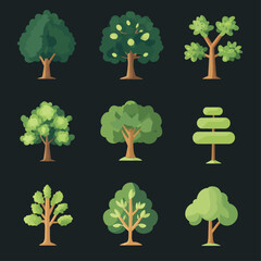 Poster - Collection of Nine Different Stylized Green Trees on a Black Background