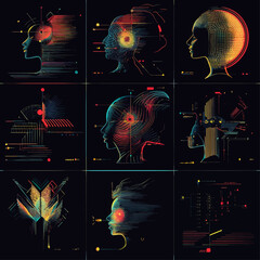 Poster - Abstract human profile with data flow and neural network concept.