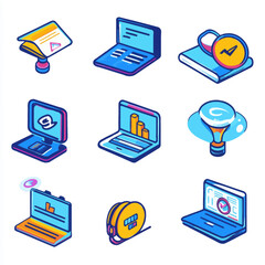 Poster - Set of nine colorful, isometric style technology icons isolated
