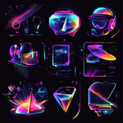 Poster - Abstract Neon Tech Elements Futuristic Digital Art Black Background
