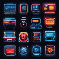 Poster - Futuristic Tech Icons: Conceptual Digital Devices on a Black Background