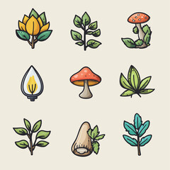 Poster - Set of Illustrated Plants, Mushrooms and Leaf Elements, Natural Design