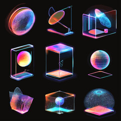 Aufkleber - Neon Data Concept: Abstract Glowing 3D Rendered Forms on Black Background