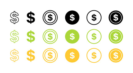Poster - Dollar symbols vector icons set in flat and linear style.