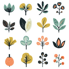 Poster - Stylized botanical illustrations, various leaves and plants on white background