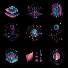 Poster - Abstract isometric data visualization and scientific concepts on black background