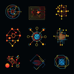 Aufkleber - Abstract Tech Icons on Black Background for Digital Design Concepts
