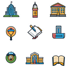 Poster - Colorful Icon Set of Buildings, Documents, Clock and Knowledge Vector Design