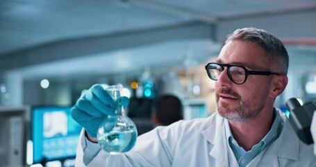 Poster - Laboratory, mature man and chemical with microscope testing for chemistry, study or medical research. Biotech, scientist and analysis with liquid inspection for pharmaceutical or pathology experiment