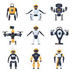 Poster - Set of Futuristic Robots and Drones, Technology Concept, Flat Design