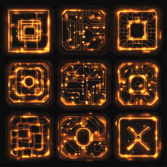 Poster - Glowing Circuit Board Squares on Black Background, Technology Illustration