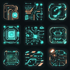 Poster - Futuristic Circuit Board Design in Neon Teal and Orange Glow on Black Background