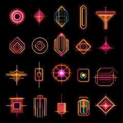 Poster - Neon geometric shapes glowing on black background, digital art elements