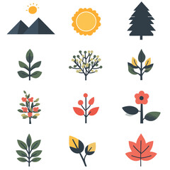 Poster - Nature icons set: mountains, sun, tree, plants, flowers, leaf, vector design