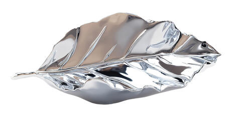 Poster - A unique liquid chrome leaf floats effortlessly in mid-air, showcasing its smooth, reflective textures. This luxury botanical design adds a futuristic element to any environment.
