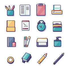 Poster - Colorful office and school supplies illustration on white background