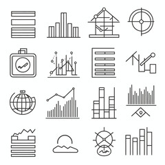Poster - Business data and financial analysis icon set in black line art style.