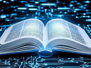 Poster - An open book with glowing pages surrounded by digital data streams