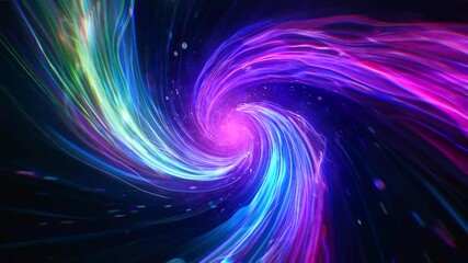 Poster - Abstract swirling energy vortex with neon light trails in blue, pink, and purple on a dark cosmic background. Concept of futuristic motion and space. 3d animation