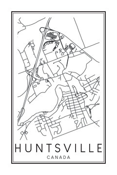Printable downtown road map poster of the Canadian city of HUNTSVILLE on solid white background with city name