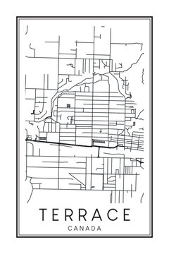 Printable downtown road map poster of the Canadian city of TERRACE on solid white background with city name