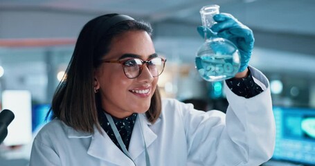 Poster - Scientist, woman and chemical in beaker with testing for chemistry, smile and medical research. Biotech, laboratory and analysis with liquid inspection for pharmaceutical or pathology experiment