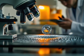 Poster - Scientist conducts experiment using a microscope and liquid drop in laboratory environment