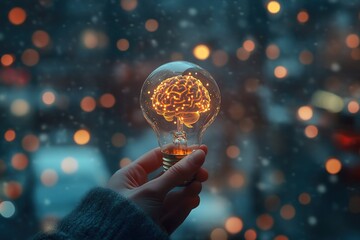 Poster - Person holds glowing virtual light  with brain inside. Creative concept of idea and smart thinking.. Businessman or entrepreneur showcase a innovative and inspirational idea, full HD, 32k Resolution
