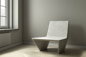 Poster - Modern minimalist chair situated near a large window in a contemporary interior space