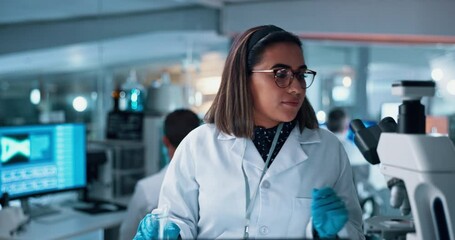 Poster - Scientist, woman and chemical with microscope testing for chemistry, smile and medical research. Biotech, laboratory and analysis with liquid inspection for pharmaceutical or pathology experiment